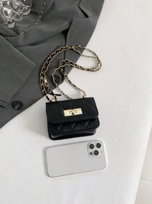 新款迷你方形包女士单肩包，菱形网格，缝线设计，材质，编织链条和翻盖设计，可爱的斜挎包和配饰包 - 黑色 - 查看 7