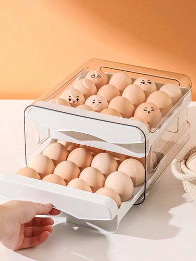 1pc 32-Compartment Drawer-Style Double Layers Egg Storage Box, Clear Fresh-Keeping Box, Foldable Egg Tray For Kitchen Camping