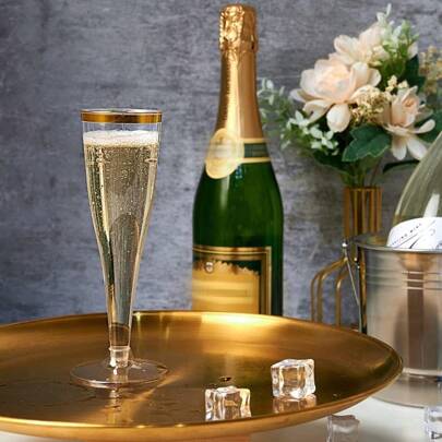 [20 Packs] Party Gold Champagne Flutes, Plastic Wine Glasses, Long Stem Cocktail Glasses With Glitter For Drinks & Powdered Beverages, Valentine's Day Gift, For Outdoor, Camping