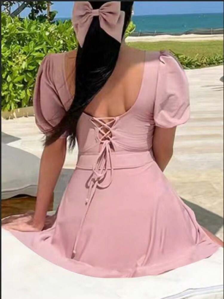 2025 New Korean INS Cute Modest Sexy V-Neck Short Sleeve Tummy Control One-Piece Swimsuit For Women