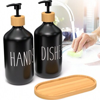 2 pièces Distributeur de savon noir givré avec 1 plateau, bouteille de lotion pour plan de travail avec pompe, récipient liquide rechargeable pour shampoing, gel douche, revitalisant, accessoires de salle de bain, décoration de la maison, mobilier de maison, décoration de salle de bain, décoration d'automne, retour à l'école