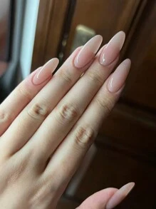 30 件杏仁形极简性感裸色假指甲套装，设计简约，冰透明纹理按压式指甲，附带 1 个指甲抛光器和 1 个果冻胶指甲用品 - 杏色 - 查看 4