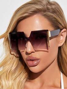 1pc Ladies Fashionable Personalized Rimless One-Piece Fashion Glasses - Gold Edge Double Gray Film - View 4