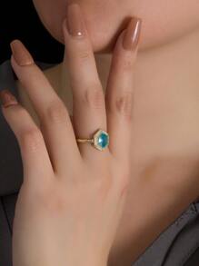 Flyleaf 1 Piece Vintage S925 Sterling Silver 14K Gold Color Geometry Blue Artificial Topaz Open Ring For Women Party Banquet Engagement Fine Jewelry