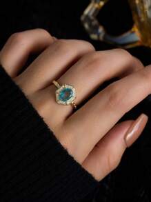 Flyleaf 1 Piece Vintage S925 Sterling Silver 14K Gold Color Geometry Blue Artificial Topaz Open Ring For Women Party Banquet Engagement Fine Jewelry