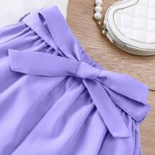 Conjunto de estilo dulce para niñas preadolescentes para primavera/verano, blusa blanca con mangas de volantes y estampado de corazones, y shorts de unicolor, 2 piezas de conjunto de moda casual de verano para niños - Morado - Ver 6