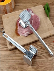 1入組雙面肉嫩化牛排錘，不銹鋼鋁合金粉碎敲打肉錘工具，廚房配件廚房用品戶外野餐旅行露營烤肉用品 - 銀色 - 查看 6