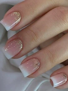Set de 24 uñas postizas cuadradas cortas y brillantes con punta francesa blanca, de longitud corta, con cubierta completa y tonalidad de dorado a color marrón para mujeres y niñas - Multicolor - Ver 1