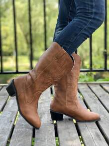Botas femininas com salto grosso bordado, moda bico fino confortável em couro falso no estilo cowboy, Botas de Equitação Retro de Cano Alto com Corte em V no estilo ocidental, Botas de Inverno
