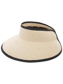 女士遮陽帽，女士夏季馬尾草編可摺疊沙灘帽，UPF 50+ - 米色 - 查看 6