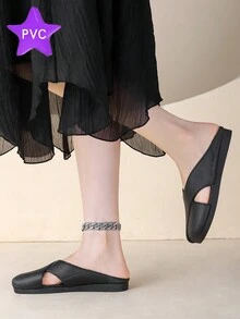 Women Mary Jane PVC Slippers With Closed Toe Flat Bottom, Anti-Slip Soft Indoor And Outdoor Slippers - Black - View 2