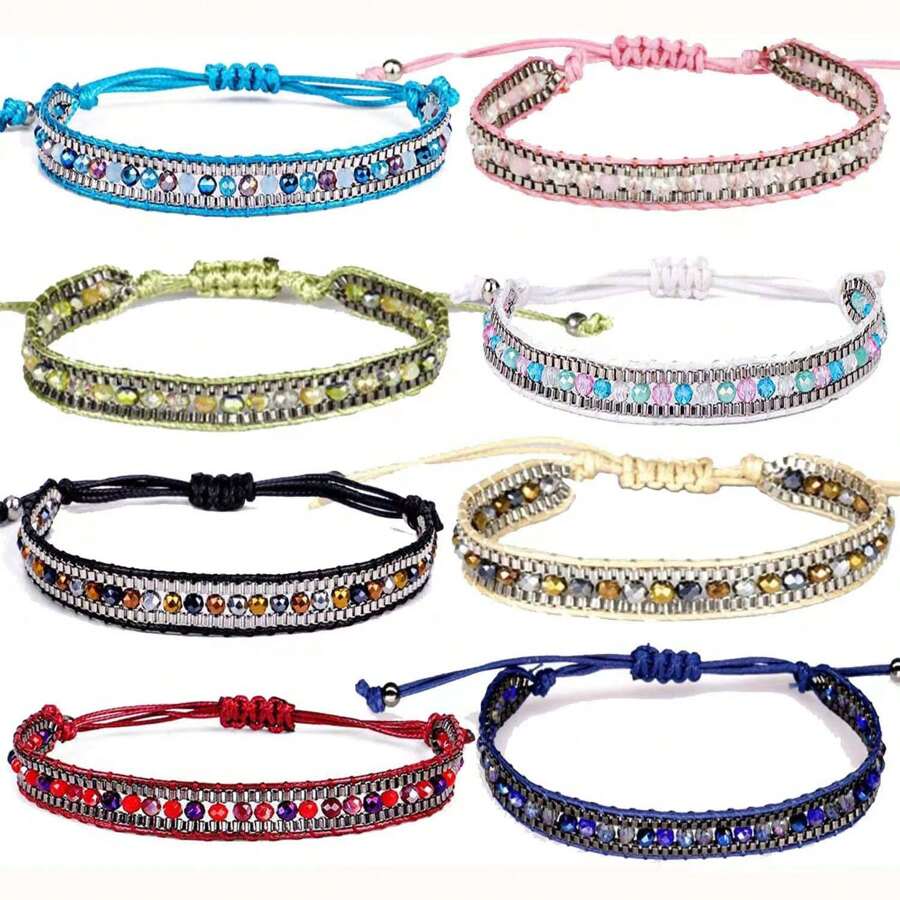 1pc Fashionable And Simple Bohemian Style Glass Bead Hand-Woven Drawstring Bracelet, Couple Style All-Match Bracelet - Multicolor - View 1