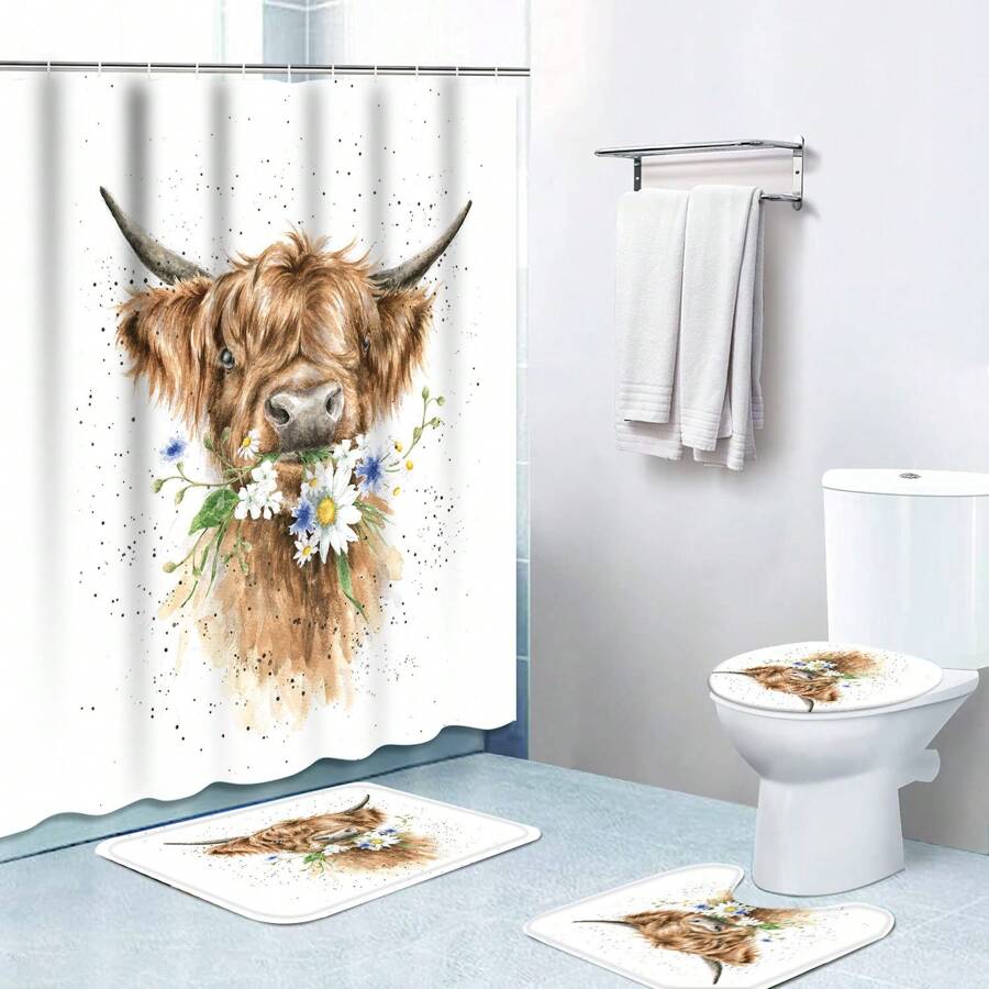 Cortina De Ducha Antimoho Cortina De Ducha Vaca Highland - 152x183cm  (impermeable, Diseño Granja) Cortinas Ducha, image size:900x900