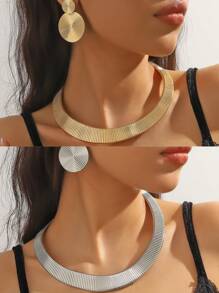 1-2pcs Set Luxurious Metallic Adjustable Choker Necklace & Earrings, Elegant Personalized High-End Lightweight Necklace Suitable For Women's Daily Wear - Metal Necklace 3-piece Set - View 12