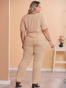 conjunto plus size feminina novo blusa com calca 44 ao 48 - Caqui - Visão 6