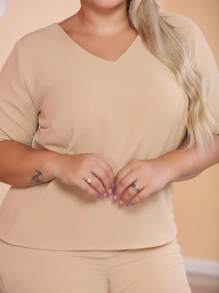 conjunto plus size feminina novo blusa com calca 44 ao 48 - Caqui - Visão 9