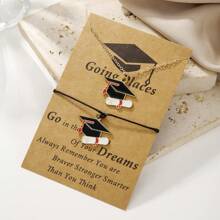 2pcs/Set Necklace + Bracelet, New Graduation Season Card Bracelet With Golden Flower, Doctoral Cap Rope Braid Graduation Bracelet Greetings Gift, College Style Jewelry, Versatile Accessories For Friend And Festivals
