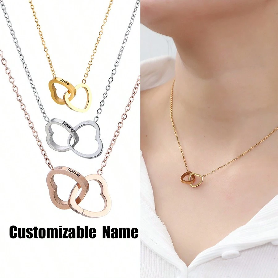 Gold Customized Name Engraved Love Necklace, Two Hearts, Rotatable Rose Box, Soap Flower, Stainless Steel Carved Couple Name Necklace, Valentine's Day, Wedding Anniversary, Proposal Gift,Silver,Rose Gold,Gold,Stylish,Colorful,Vintage,Simple,Unisex,Casual,Cuties,Custom,Personalized,Unique,Ideal Gifts For Him,Ideal Gifts For Her,Her,Boyfriend,Girlfriend,Dad,Mom,Family,Friends,For Anniversaries,For Birthdays,For Graduation,For Prom,For Party,Stainless Steel Jewelry - Gold - View 1