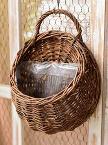 1pc Handmade Wicker Decoration Flower Basket, Wall Mounted Hanging Planter For Home Decoration - Mocha Brown - View 7