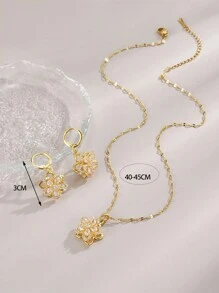 1 chiếc vòng cổ thép không gỉ với mặt dây chuyền hoa năm cánh bằng đá Cubic Zirconia + 1 đôi bông tai thép không gỉ với mặt dây chuyền hoa năm cánh bằng đá Cubic Zirconia dành cho phụ nữ Ngày lễ tình nhân, Mẹ, Mẹ, Ngày của Mẹ, Quà tặng - Vàng - Xem 4