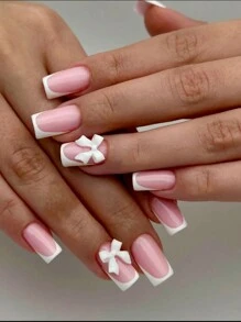 Upgrade Your Look With Press On Nails, 24 Pcs Square Short Fake Nail With Pink Color French Style , Includes 1 Pc Sheet Adhesive Tab &1 Pc Mini File, 3 D White Bowknot Decor And Classic White French Style Full Coverage Fake Nail Kit, Nail Art For Women And Fashion Girls For Daily Wear. This Short Nails Never Going Out Of Style. Nail Supplies Nails