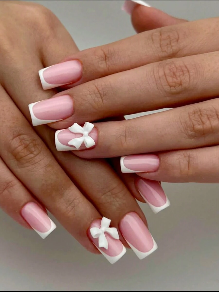 Upgrade Your Look With Press On Nails, 24 Pcs Square Short Fake Nail With Pink Color French Style , Includes 1 Pc Sheet Adhesive Tab &1 Pc Mini File, 3 D White Bowknot Decor And Classic White French Style Full Coverage Fake Nail Kit, Nail Art For Women And Fashion Girls For Daily Wear. This Short Nails Never Going Out Of Style. Nail Supplies Nails