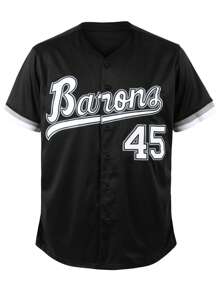 Stile da ragazzo, maglietta 45 nera da baseball per uomo, casual a maniche corte, con ricamo e cucitura, scollo a V, con bottoni, adatta per feste e sport