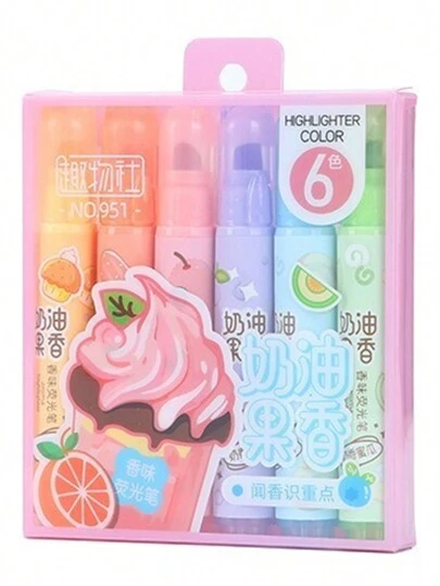 6/12pcs Fluorescent Highlighter Pens, Cream & Fruit Scented, Cute & Pastel Colors, Quick-Drying, Suitable For Bible Journaling And Office Supplies