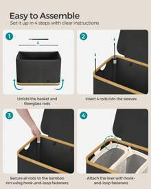 SONGMICS Laundry Basket With Lid, 3-Section Large Laundry Hamper, 150L, Removable Mesh Liner, Oxford Fabric, Bamboo Handles, Collapsible, 60 X 38.5 X 70.5 Cm, Ink Black - 黑色 - 查看 7