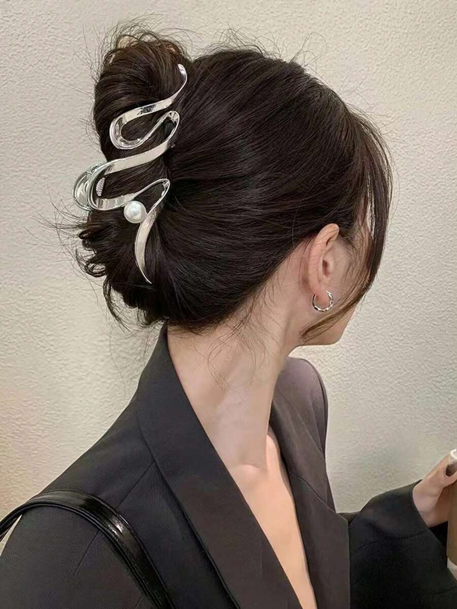 1 件仿珍珠装饰发夹结构发夹，适合浓密头发，强力定型发夹，蝴蝶发夹发夹时尚发饰，女士秋冬度假装发夹 - 銀色 - 查看 1
