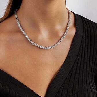 银色冰晶钻石网球链男式，水钻网球项链，18-30 英寸，水晶，钻石