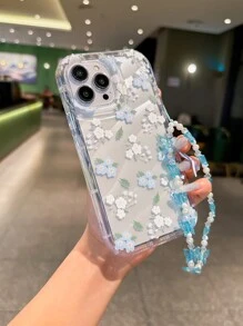 Funda de teléfono con flores, colgante de teléfono de verano con diseño de ola floral azul dulce, funda de teléfono anti-caída con cordón de mariposa de moda compatible con iPhone 16, 14 Pro Max, 13 de alta calidad, 15 de novia, 11 de nicho, 13 Pro Max de alta gama, 12/12 Pro transparente, 12 Pro Max fresco, 16 resistente al agua, a los golpes y a los arañazos - transparente - Ver 2
