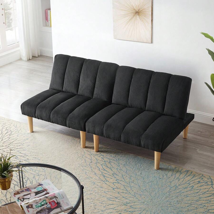 Modern Convertible Sofa Bed Folding Futon Sofa Bed With Sturdy Metal Legs,Corduroy Fabric Sofa Bed With Adjustable Backrest For Compact Living Room Bedroom Apartment Easy Assembly - 黑色 - 查看 1