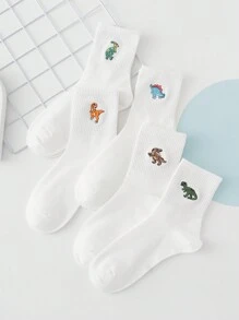 10 Pairs Ladies Random Delivery Fun Cartoon Embroidery Dinosaur Tyrannosaurus Rex & Dragon Pattern Mid-Calf Socks Suitable For Daily Leisure, Fall - White - View 3