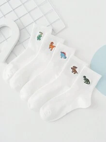 10 Pairs Ladies Random Delivery Fun Cartoon Embroidery Dinosaur Tyrannosaurus Rex & Dragon Pattern Mid-Calf Socks Suitable For Daily Leisure, Fall - White - View 2