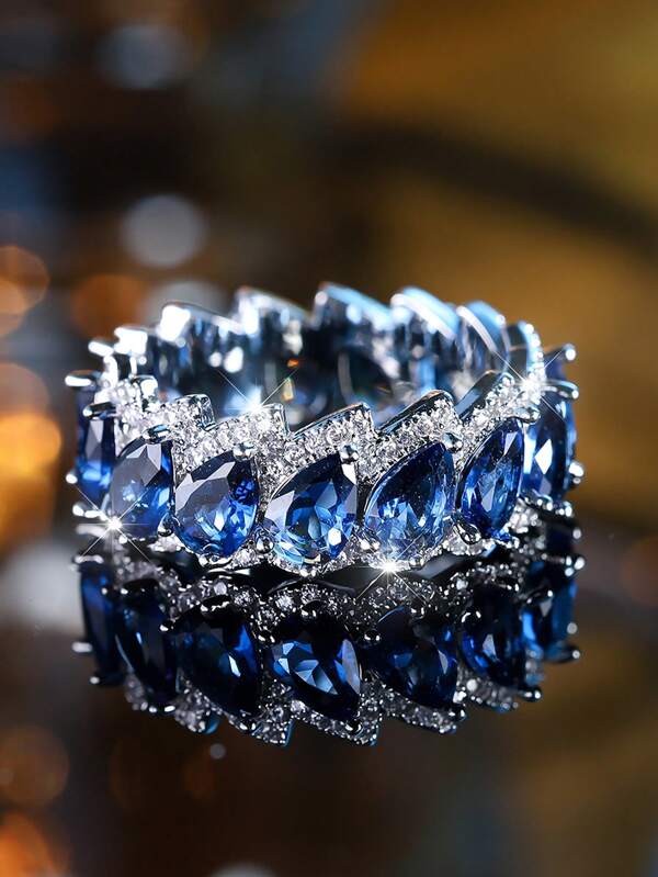 Um Luxuoso Anel de Noivado de Gota d\"Água de Zircônia Cúbica Azul para Mulheres, Jóias de Casamento de Verão de Prata