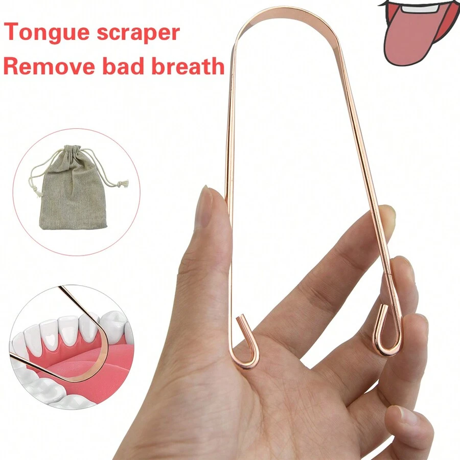 不鏽鋼玫瑰金舌頭刮舌護理工具，可減少口臭和清潔舌頭，配置布袋，便於攜帶，男女適用 - 玫瑰金 - 查看 1