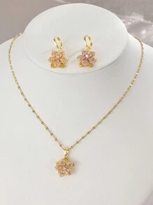 1pc Stainless Steel Ladies Necklace With Five-Petal Cubic Zirconia Flowers + 1pair Ladies Stainless Steel Earrings With Five-Petal Cubic Zirconia Flowers Valentines,Mom,Mother,Mother's Day,Gift