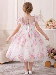 Young Girl Lovely Printed Princess Style Dress With Mesh And Flowers Design , Suitable For Parties, Performances, Shows, Daily Wear, Festivals, Parades, Birthdays, Banquets, Stages And Music Concerts. - White - View 2