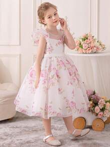 Young Girl Lovely Printed Princess Style Dress With Mesh And Flowers Design , Suitable For Parties, Performances, Shows, Daily Wear, Festivals, Parades, Birthdays, Banquets, Stages And Music Concerts. - White - View 7