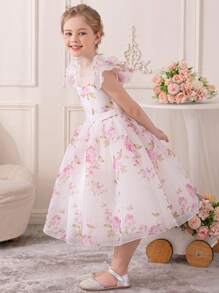 Young Girl Lovely Printed Princess Style Dress With Mesh And Flowers Design , Suitable For Parties, Performances, Shows, Daily Wear, Festivals, Parades, Birthdays, Banquets, Stages And Music Concerts. - White - View 3