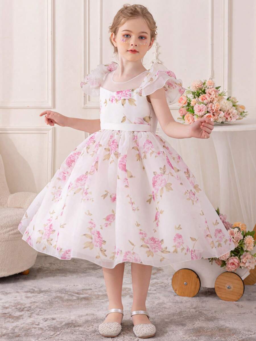 Young Girl Lovely Printed Princess Style Dress With Mesh And Flowers Design , Suitable For Parties, Performances, Shows, Daily Wear, Festivals, Parades, Birthdays, Banquets, Stages And Music Concerts. - White - View 1