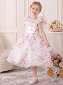 Young Girl Lovely Printed Princess Style Dress With Mesh And Flowers Design , Suitable For Parties, Performances, Shows, Daily Wear, Festivals, Parades, Birthdays, Banquets, Stages And Music Concerts. - White - View 5