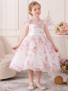 Young Girl Lovely Printed Princess Style Dress With Mesh And Flowers Design , Suitable For Parties, Performances, Shows, Daily Wear, Festivals, Parades, Birthdays, Banquets, Stages And Music Concerts. - White - View 6