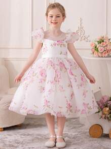 Young Girl Lovely Printed Princess Style Dress With Mesh And Flowers Design , Suitable For Parties, Performances, Shows, Daily Wear, Festivals, Parades, Birthdays, Banquets, Stages And Music Concerts. - White - View 8
