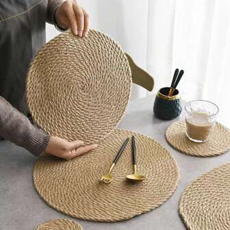 1pc Round Woven Placemats, Natural Hand-Woven Placemats, Braided Heat Non-Slip Weave, Friendly Handmade Farmhouse Weave Place Mats For Dining Table,Home,Wedding