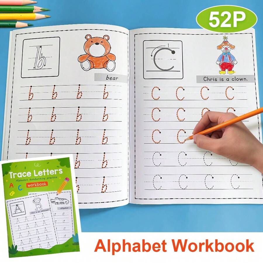 Lachilly Cuaderno de práctica de escritura con trazado de letras A-Z - 52 páginas con alfabeto en mayúsculas y minúsculas, libro de trazado para preescolar y jardín de infantes, libro de actividades de práctica de escritura para niños
