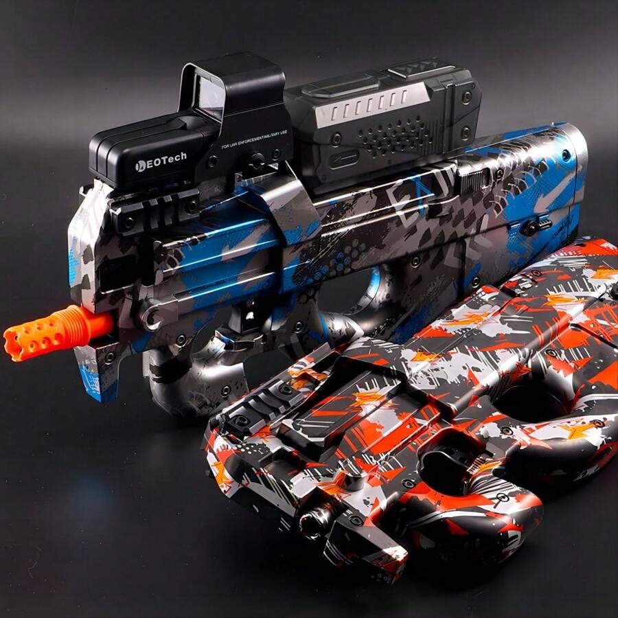 P90 Pistola de bola de gel eléctrica - Superficie metálica, Blaster de bola de salpicaduras Full Auto - Adecuado para actividades al aire libre y juegos de equipo de tiro, Larga distancia de disparo, Juguete de juego al aire libre, Rango de edad: 8 años o talla grande, Viene con gafas protectoras (No incluye cuentas de agua) - Multicolor - Ver 1
