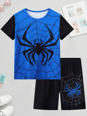 2pcs/Set Boy Spider Print Cartoon Short Sleeve T-Shirt And Casual Shorts Pajamas Home Clothing For All Seasons