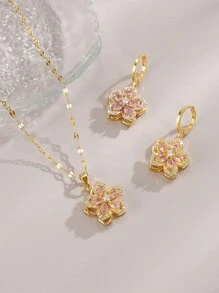 1pc Stainless Steel Ladies Necklace With Five-Petal Cubic Zirconia Flowers + 1pair Ladies Stainless Steel Earrings With Five-Petal Cubic Zirconia Flowers Valentines,Mom,Mother,Mother's Day,Gift